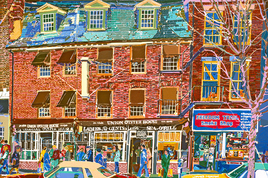 Painting of Boston’s Union Oyster House with brick facade, colonial windows, and visitors on Union Street – historic restaurant art print by James Morton