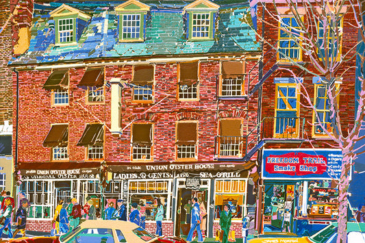 Painting of Boston’s Union Oyster House with brick facade, colonial windows, and visitors on Union Street – historic restaurant art print by James Morton