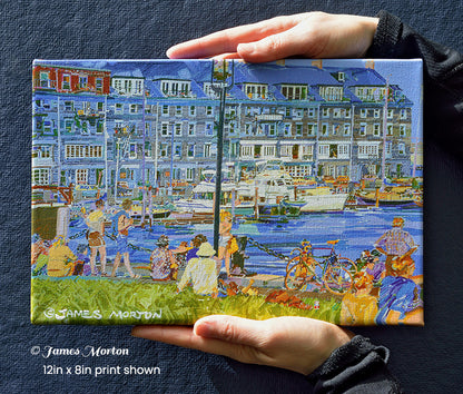 Hand-held 12x8 canvas print for scale featuring Commercial Wharf, Christopher Columbus Park, and recreational boats along Boston's waterfront.