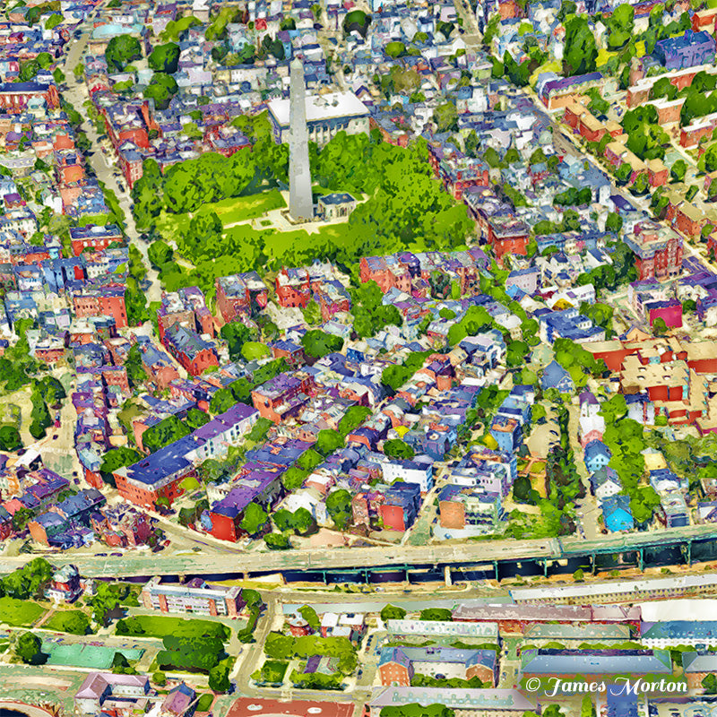 Detail of Bunker Hill Monument and surrounding neighborhood in Charlestown Boston aerial art print