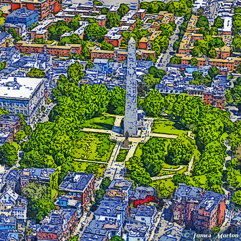 Close-up detail of the Bunker Hill Monument and Monument Square in Charlestown Boston Digital Woodcut print