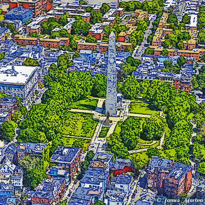 Close-up detail of the Bunker Hill Monument and Monument Square in Charlestown Boston Digital Woodcut print