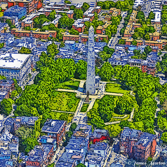 Close-up detail of the Bunker Hill Monument and Monument Square in Charlestown Boston Digital Woodcut print