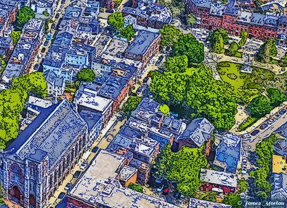Close-up detail overlooking the historic Charlestown Boston neighborhood in Bunker Hill Square Digital Woodcut print