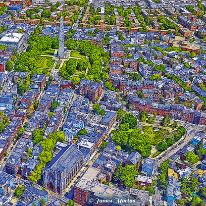 Bunker Hill Square Digital Woodcut print featuring an aerial view of Charlestown Boston and the Bunker Hill Monument