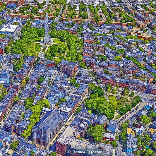 Bunker Hill Square Digital Woodcut print featuring an aerial view of Charlestown Boston and the Bunker Hill Monument