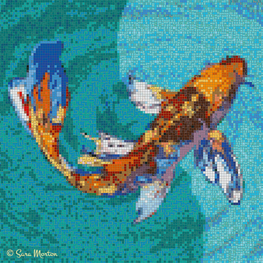 Butterfly koi fish digital mosaic art print featuring colorful glass tile pattern in teal blue and golden orange tones