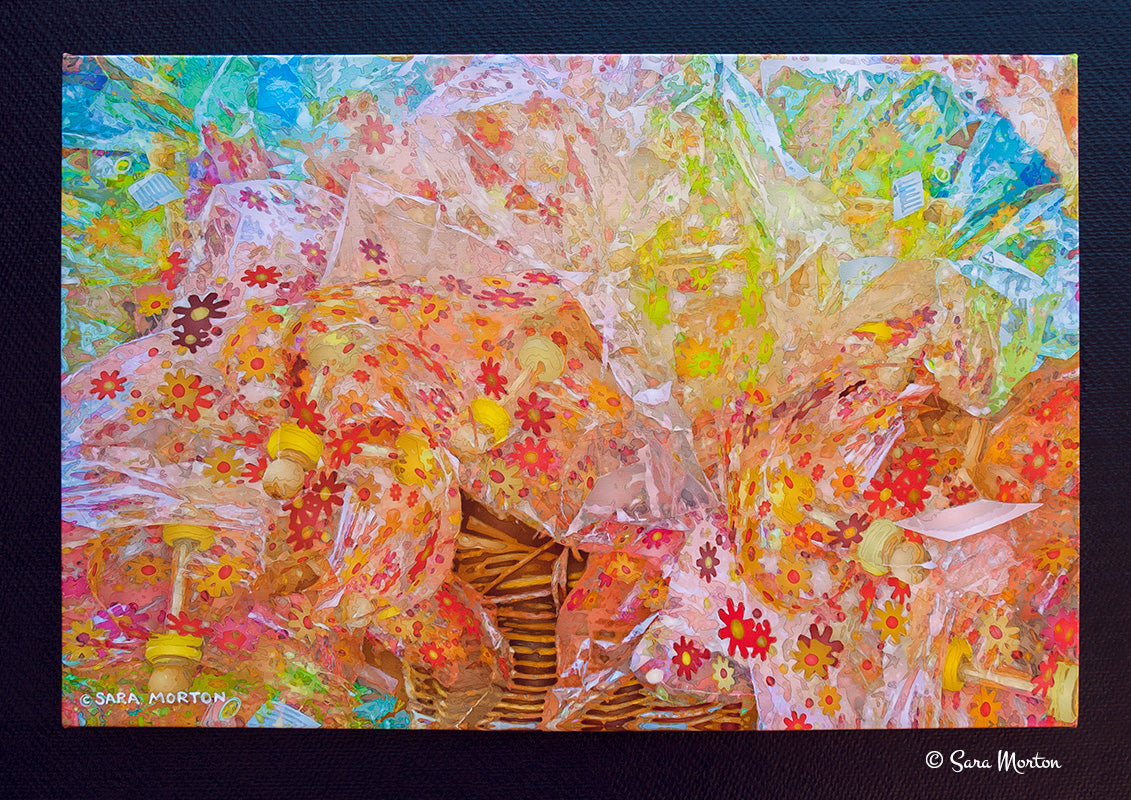 Colorful abstract artwork with floral patterns stretched canvas print 24in x 16in signed by Artist Sara Morton