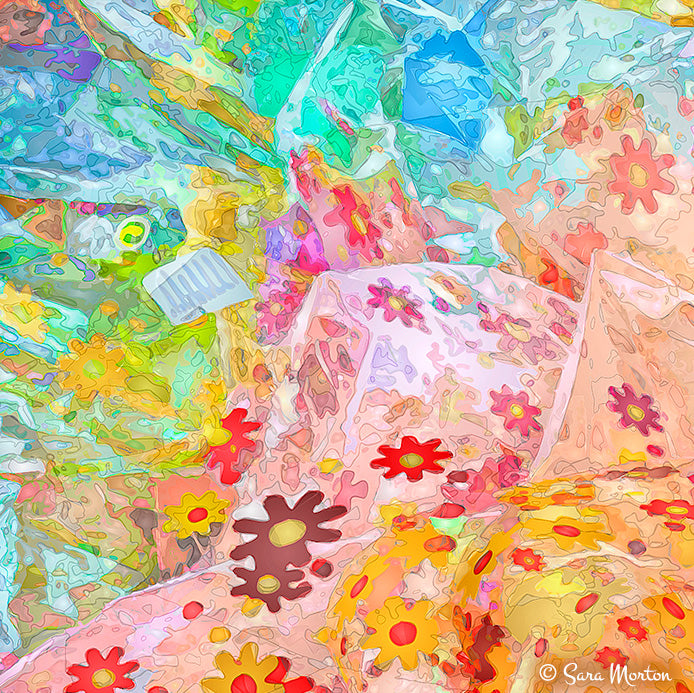 Close-up detail of Cellophane Flowers Digigraph art print showing colorful floral patterns and layered digital watercolor texture