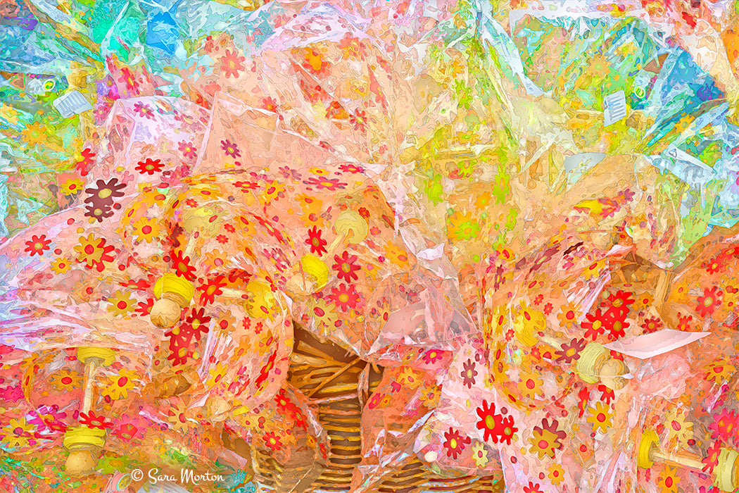 Cellophane Flowers, floral patterned abstract art print in digital watercolor style. Multicolored focusing on red, warm pink and yellow as the main colors.  