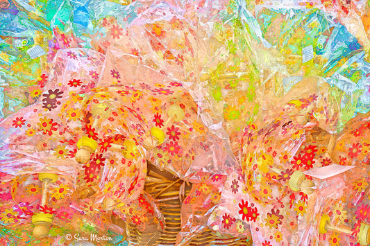 Cellophane Flowers, floral patterned abstract art print in digital watercolor style. Multicolored focusing on red, warm pink and yellow as the main colors.  