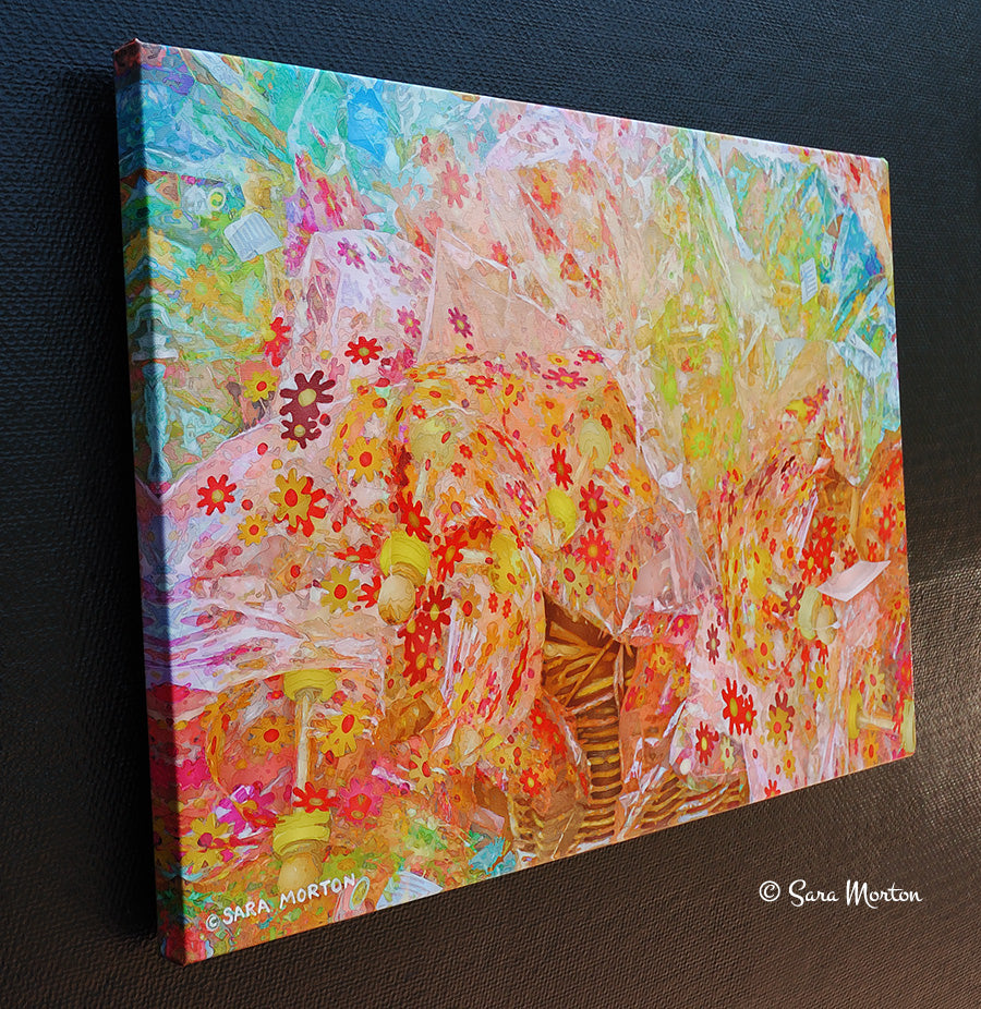 Cellophane Flowers, colorful abstract watercolor digital painting on canvas with floral elements. Left side view showing image wrapped edges of stretched canvas print. 