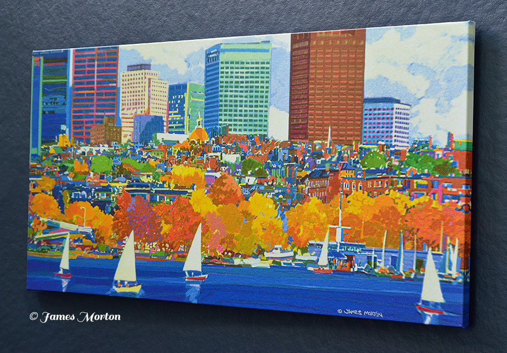 Right angled view of Boston wall art canvas print featuring Beacon Hill, the State House, sailboats, vibrant autumn colors, mirrored wrapped edges, and the artist's signature by James Morton.