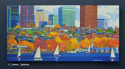 Boston skyline canvas print titled Charles Fall by James Morton featuring Beacon Hill, the Charles River, Community Boating, the State House, colorful fall foliage, and the downtown Boston skyline.