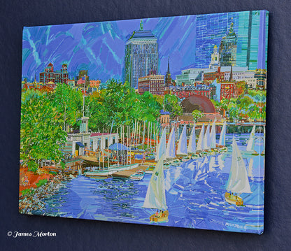 Boston Skyline Charles river Community Boating Stretched canvas print of original Painting. Right side of canvas.