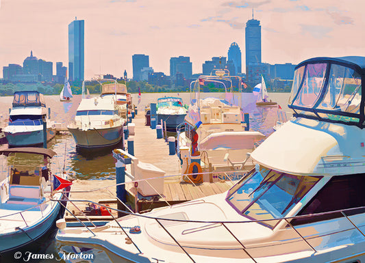 Charles River Yacht Club with sailboats and Boston skyline at sunset in pastel colors – fine art print by James Morton, Cambridge, MA
