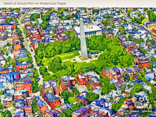 Detail of Bunker Hill area in Charlestown Boston print on textured watercolor paper, showing architecture, homes and streets