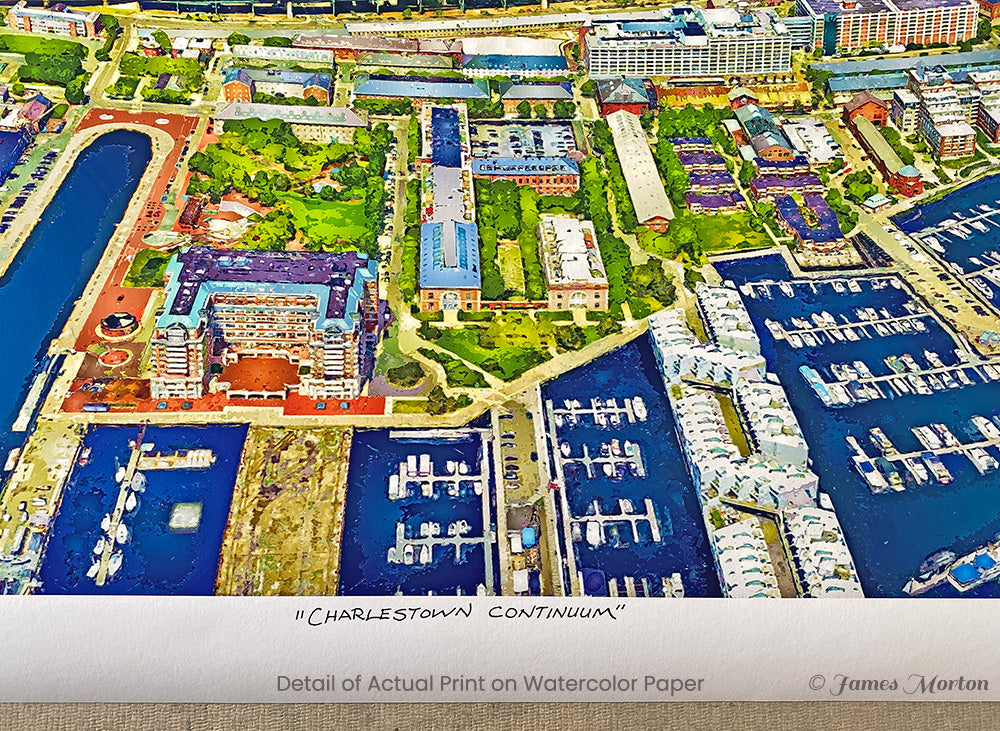Close-up of Charlestown waterfront and marina detail with artist signature “Charlestown Continuum” on fine art paper