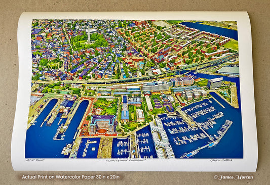 Charlestown Boston art print aerial view of waterfront and Bunker Hill Monument, 30 x 20 watercolor paper, artist James Morton