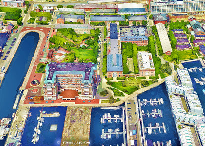 Charlestown Boston waterfront aerial print showing harbor, marinas, and coastal buildings