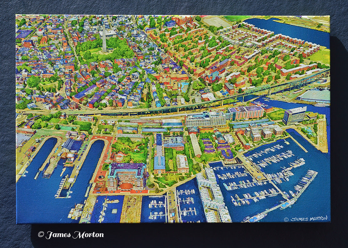 Charlestown Boston canvas print featuring an aerial view of the waterfront, Bunker Hill Monument, and surrounding neighborhood.