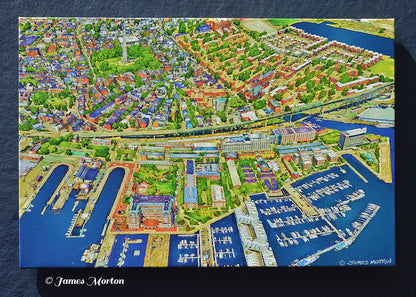 Charlestown Boston canvas print featuring an aerial view of the waterfront, Bunker Hill Monument, and surrounding neighborhood.