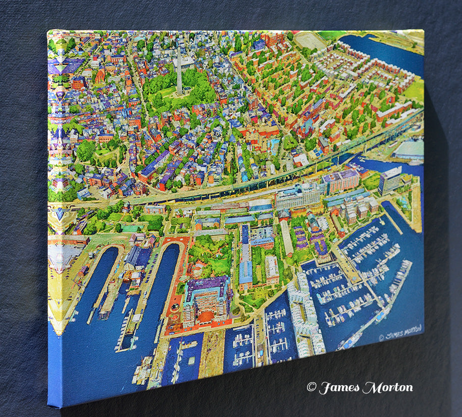 Left angle view of Charlestown Boston stretched canvas print showing mirrored image wrapped edge and aerial cityscape artwork.