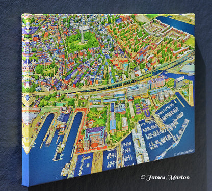 Left angle view of Charlestown Boston stretched canvas print showing mirrored image wrapped edge and aerial cityscape artwork.