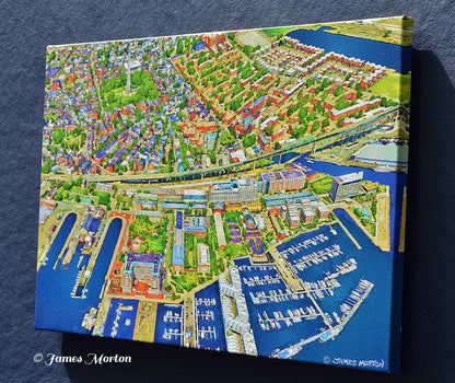 Right angle view of Charlestown Boston stretched canvas print showing mirrored image wrapped edge and gallery-wrapped construction.