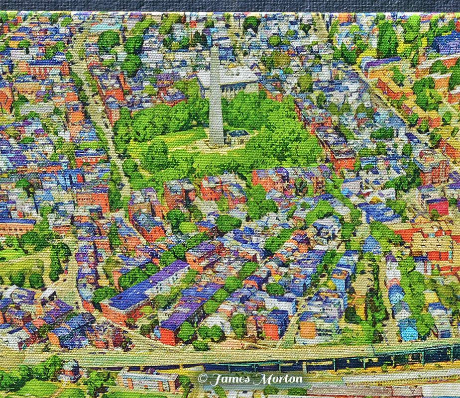 Close-up detail of Charlestown Boston canvas print featuring Bunker Hill Monument, Monument Square, and surrounding neighborhood streets.
