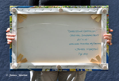Back of stretched canvas print hand signed, titled, and numbered by Massachusetts fine artist James Morton.