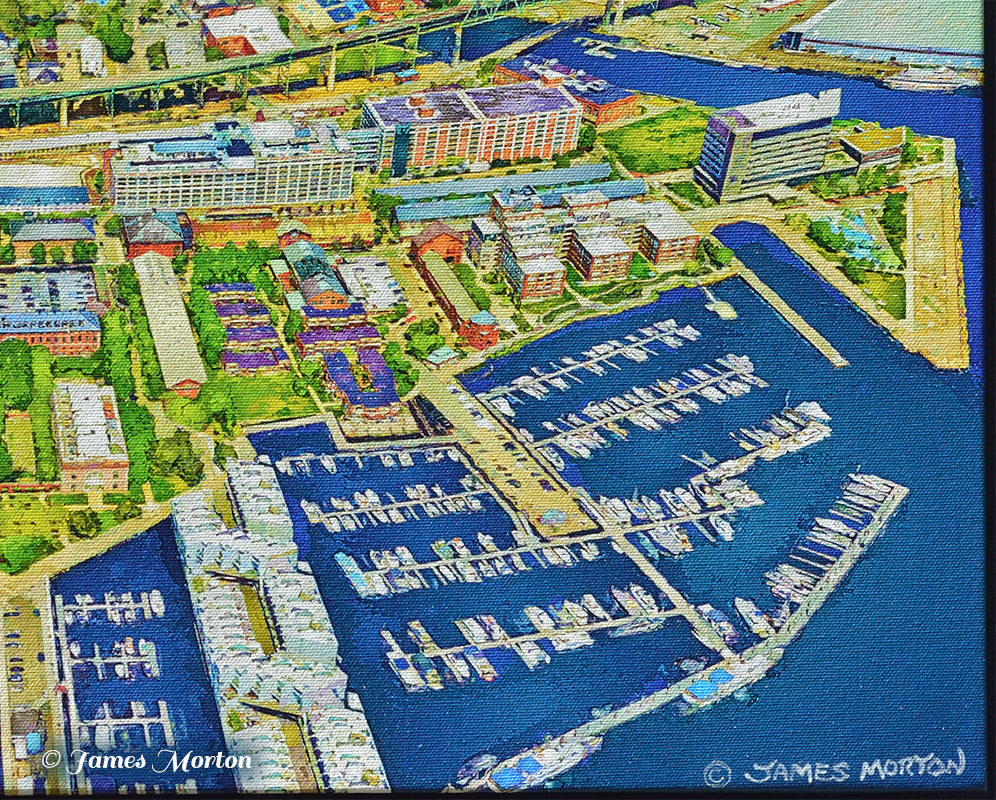 Close-up detail of Charlestown Boston canvas print showing canvas weave texture, waterfront buildings and boats at the marina.