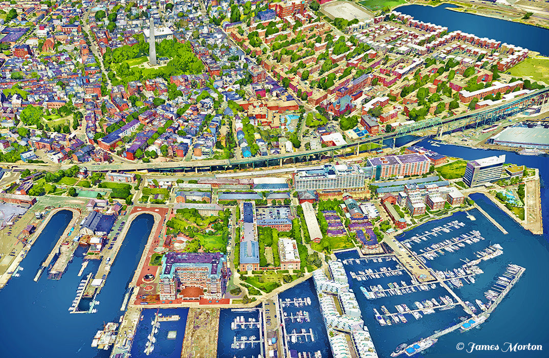 Charlestown Boston art print aerial view featuring Bunker Hill Monument and the waterfront along Boston Harbor