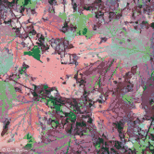 Chromatic contemplation autumn leaves digital mosaic art print featuring abstract New England fall foliage in pink, mauve, and green hues