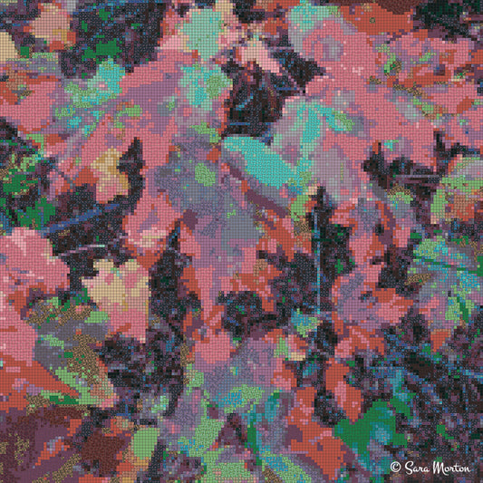 Chromatic contemplation two autumn leaves mosaic art print featuring abstract New England fall foliage in brick red, mauve, and vibrant green
