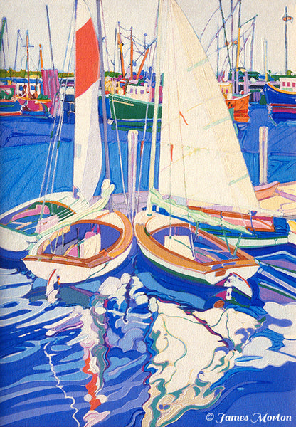Concentric Sails by James Morton – coastal painting of sailboats and fishing boats in Wellfleet Harbor, Cape Cod. Fine art print featuring tranquil blue water and New England harbor scene.