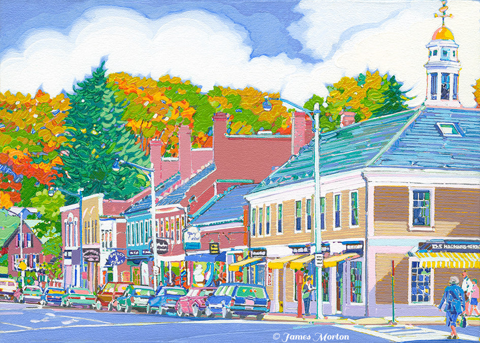 Original painting and print of historic Concord MA Main Street shops in autumn with colorful fall foliage and New England town center charm.