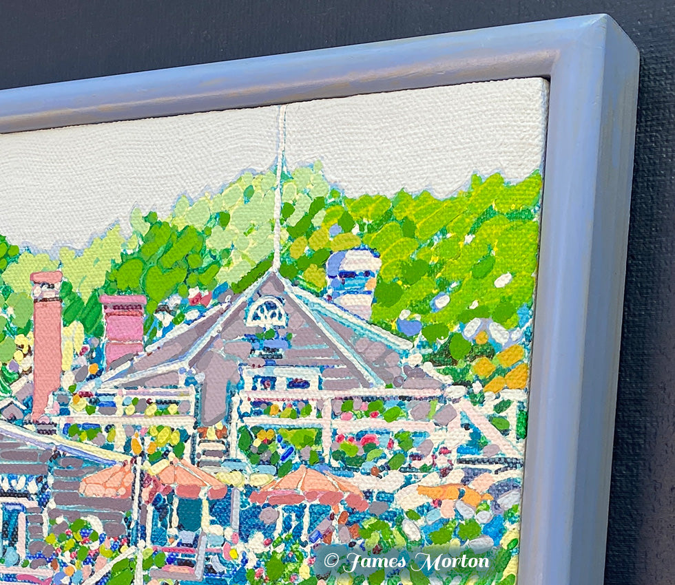 Close-up detail of an original acrylic painting on linen showing textured brushwork, linen weave, colorful restaurant umbrellas, dappled figures, and the artist's expressive paint application at Perkins Cove, Ogunquit, Maine.