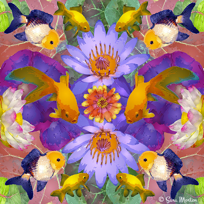 Colorful kaleidoscope collage of fish and flowers with a rose lily pad background. Fine Art Prints on canvas and Watercolor Paper.