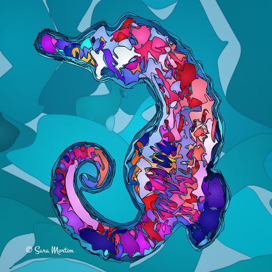 Curly seahorse abstract art print with flowing lines in vibrant colors