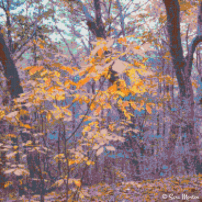 Digital mosaic art print “Dusky Woods” showing forest of plum-shaded trees in lavender mist with golden autumn leaves and textured glass-tile design. 
