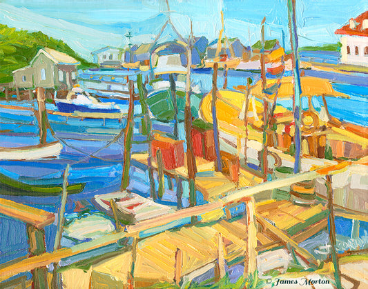Dutcher Dock painting giclée art print showing fishing boats on Menemsha Basin, Martha’s Vineyard, Coastal New England scene