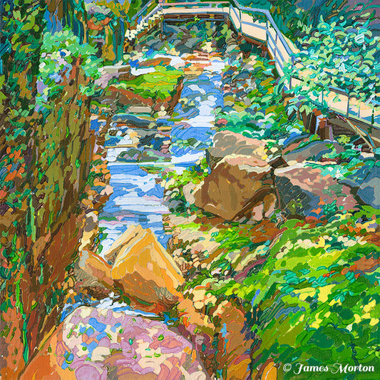 Emerald Passage acrylic painting of Flume Gorge in New Hampshire, featuring boulder stones, flowing water, and forest growth within the gorge.