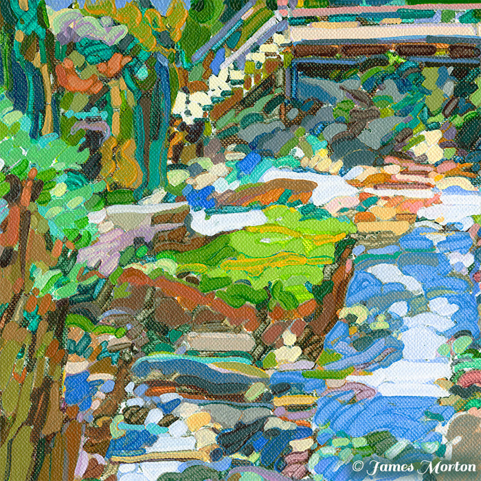 Detail view of flume water with forest greenery and wooden stepped footbridge in the background, from Emerald Passage acrylic painting.