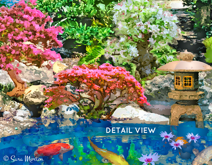 Detail of Encircled Pool showing bonsai plants and traditional stone Japanese lantern in the Japanese garden.