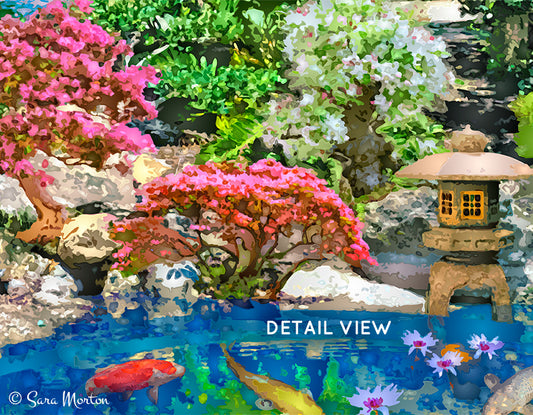 Detail of Encircled Pool showing bonsai plants and traditional stone Japanese lantern in the Japanese garden.