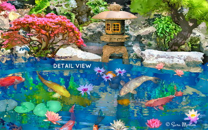 Close-up detail of Encircled Pool highlighting koi fish swimming among water lilies, framed by bonsai plants and a stone Japanese lantern.