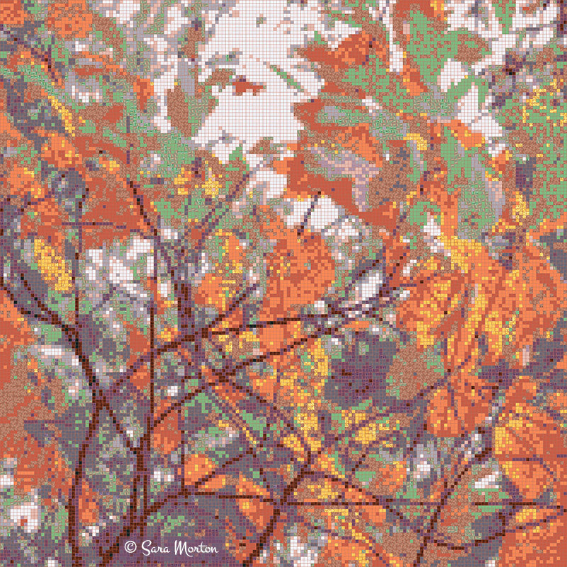 Fall Flourish autumn leaves mosaic art print featuring New England tree close up with russet orange, gold, and vibrant green foliage