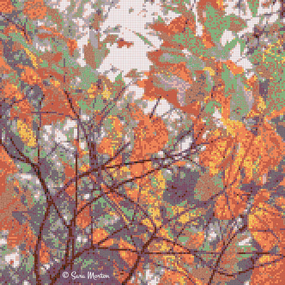 Fall Flourish autumn leaves mosaic art print featuring New England tree close up with russet orange, gold, and vibrant green foliage
