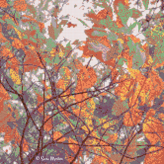 Fall Flourish autumn leaves mosaic art print featuring New England tree close up with russet orange, gold, and vibrant green foliage